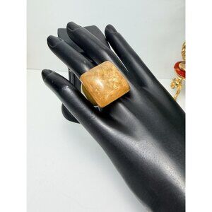 Vintage Lucite Statement Ring Two-Tone Amber Resin Chunky Size 6.5